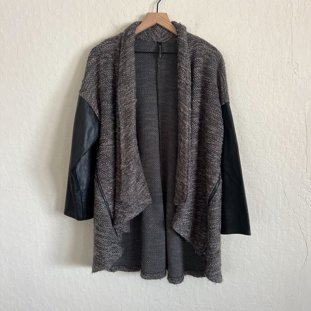 IC by Connie K Long Open Front Marled Knit Faux Leather Sleeve Cardigan XL Gray